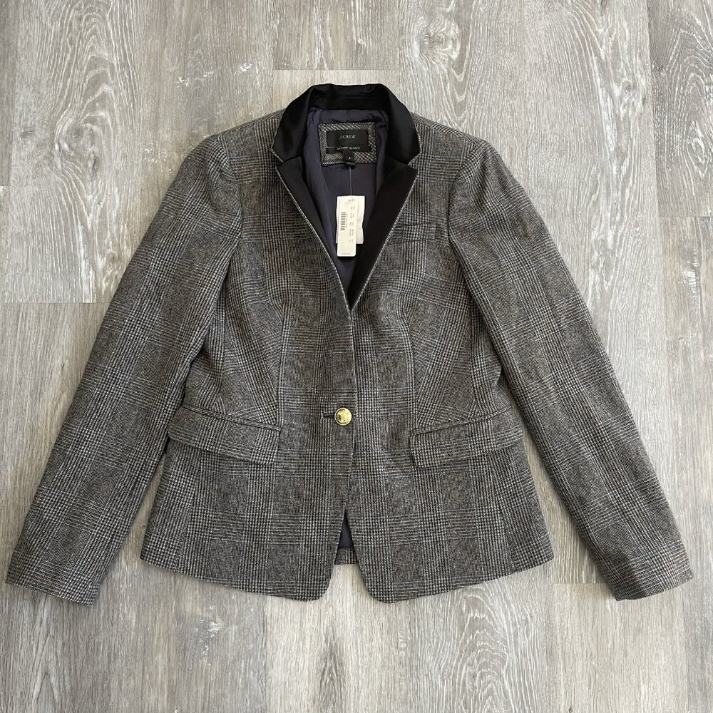 J Crew Regent NEW One Button Blazer Gray Plaid Wool Black Satin Trim Size 8 $248